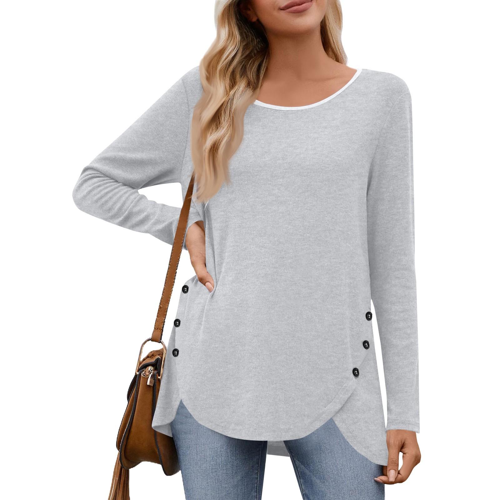 

Women s Fashion Casual Color Round Neck Long Sleeve Button Tops Both Sides XL