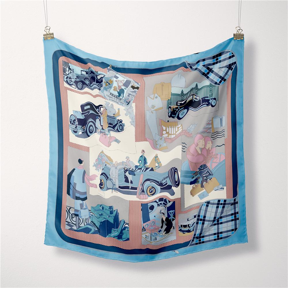 Silk Scarf Women France Car Print Square Scarves Wraps Bandana Small Hijab Foulards Lady Tie Headband Neckerchief