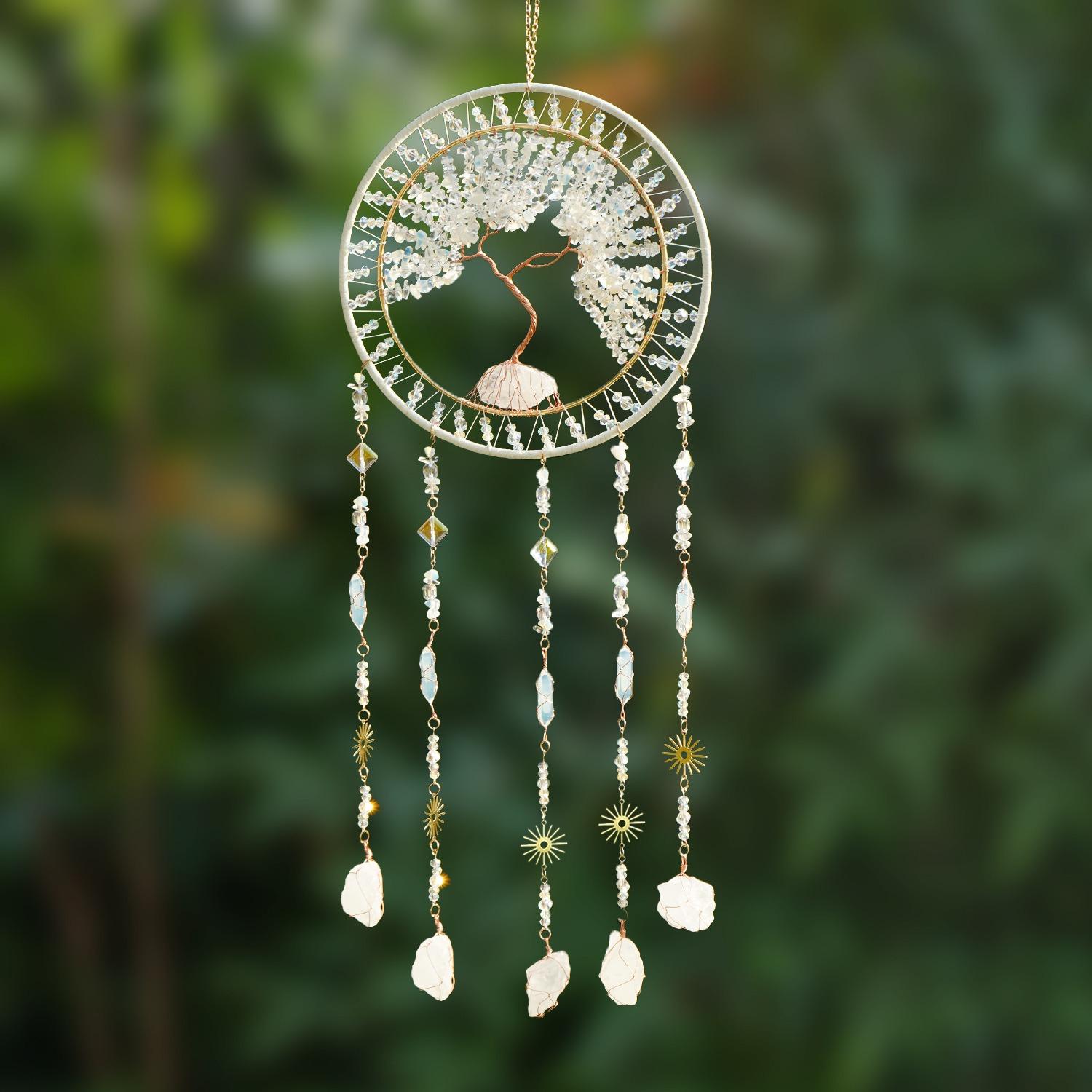 Tree of Life Amethyst Crystal Dream Catcher, Handmade Boho Wall Hanging Decor for Bedroom Home, Healing Stone Spiritual Gift белый