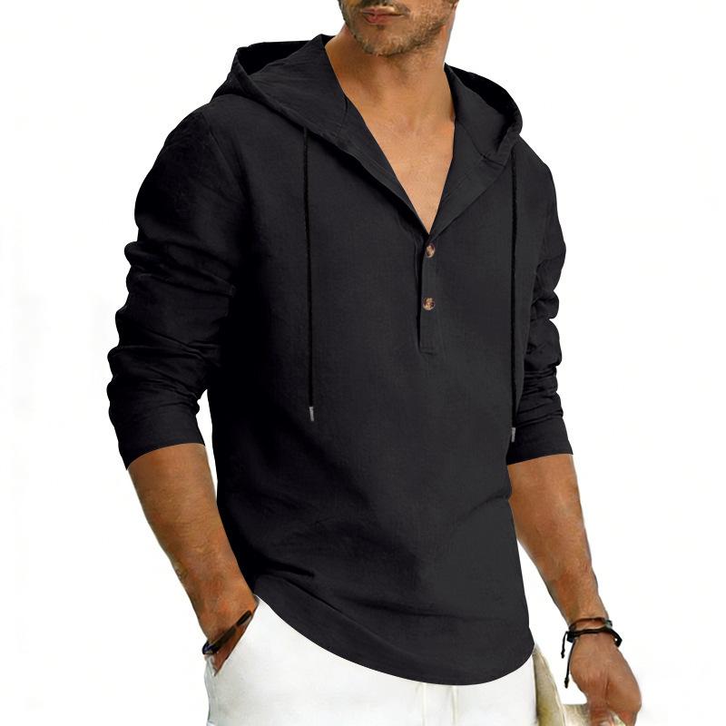 Men's Plus Size Linen Long Sleeve Hoodie, Casual Color Pullover