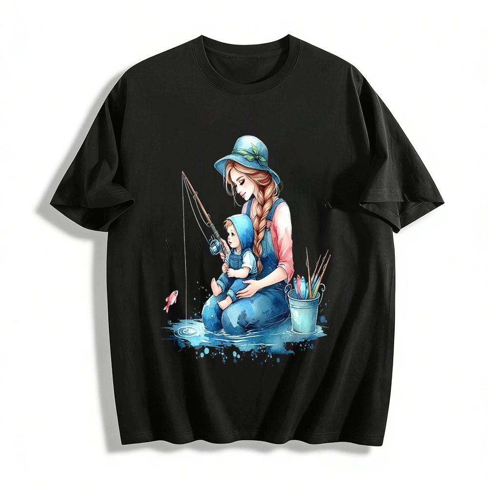 Mom And Baby Fishing Time Printed Casual Top Pure cotton T-shirt XXS