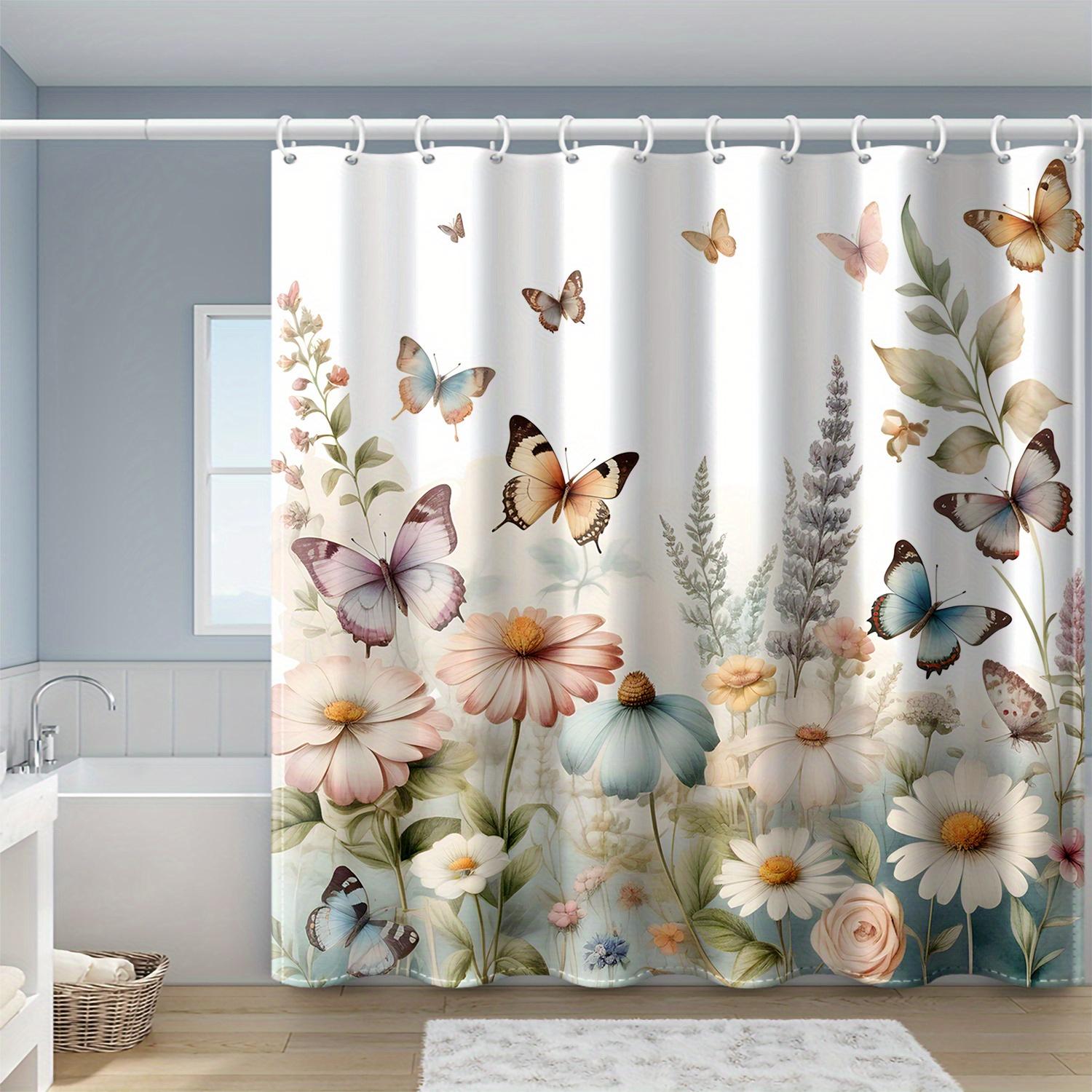 [1pc Butterfly Shower Curtain] Polyester 1pc Butterfly Flower Print Shower Curtain,with Hooks 90X180CM