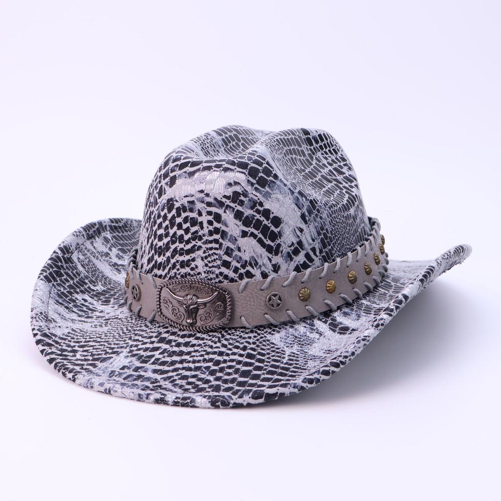 Amerikanischer Western-Cowboyhut Retro Kuhkopf-Dekoration Herbst- und Winterhut Damen großer Schirm Riss-Zylinderhut