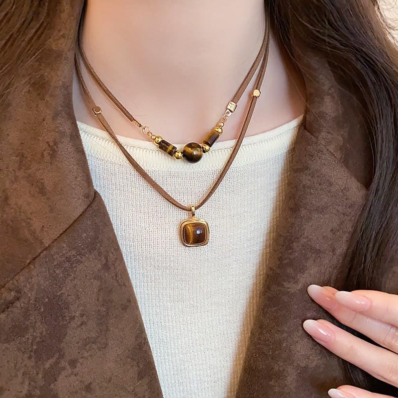 

Винтажное ожерелье «Тигровый глаз» - Коричневый круглый кулон для осенне-зимней моды, Элегантная женская цепочка для свитера во французском стиле