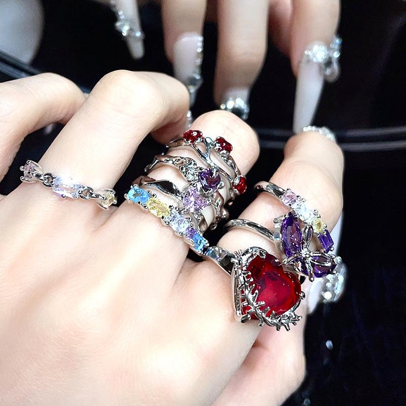 Liebe Farbige Diamanten, Zirkonia Schleifen, Kalter Wind, High-End Nischen Design, Personalisierbares Stapeln, Offene Ringe Tragen, Damen