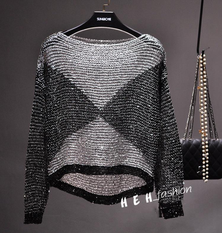 

Женский свободный вязаный комплект с открытыми блестками и легким шелковым топом с длинными рукавами и круглым воротником, тонкое платье One size серебряный