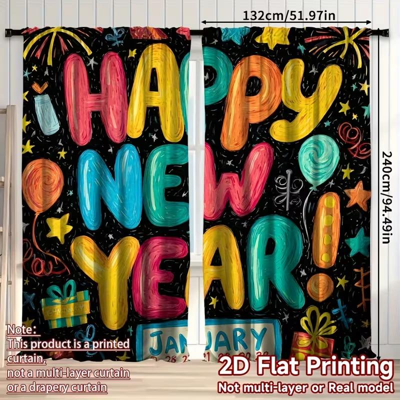 2 Pcs Happy New Year Print Curtains,suitable for Bedroom,living Room Kitchen Decoration,home Decoration,window Curtain