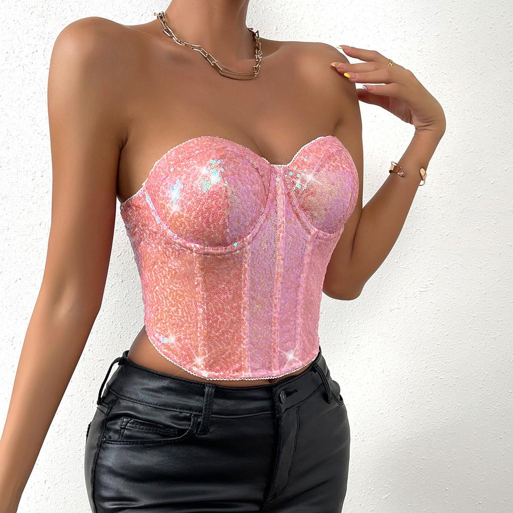 VEZFAA Women's Fashion Casual Sequins Print Tank Tops Sexy Slim T-shirts and Tops Camis & Tank Tops