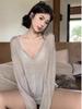 Women's Tencel Ribbed Sheer V-Neck Long-Sleeve Loose Casual Sun Protection Cover-Up Top