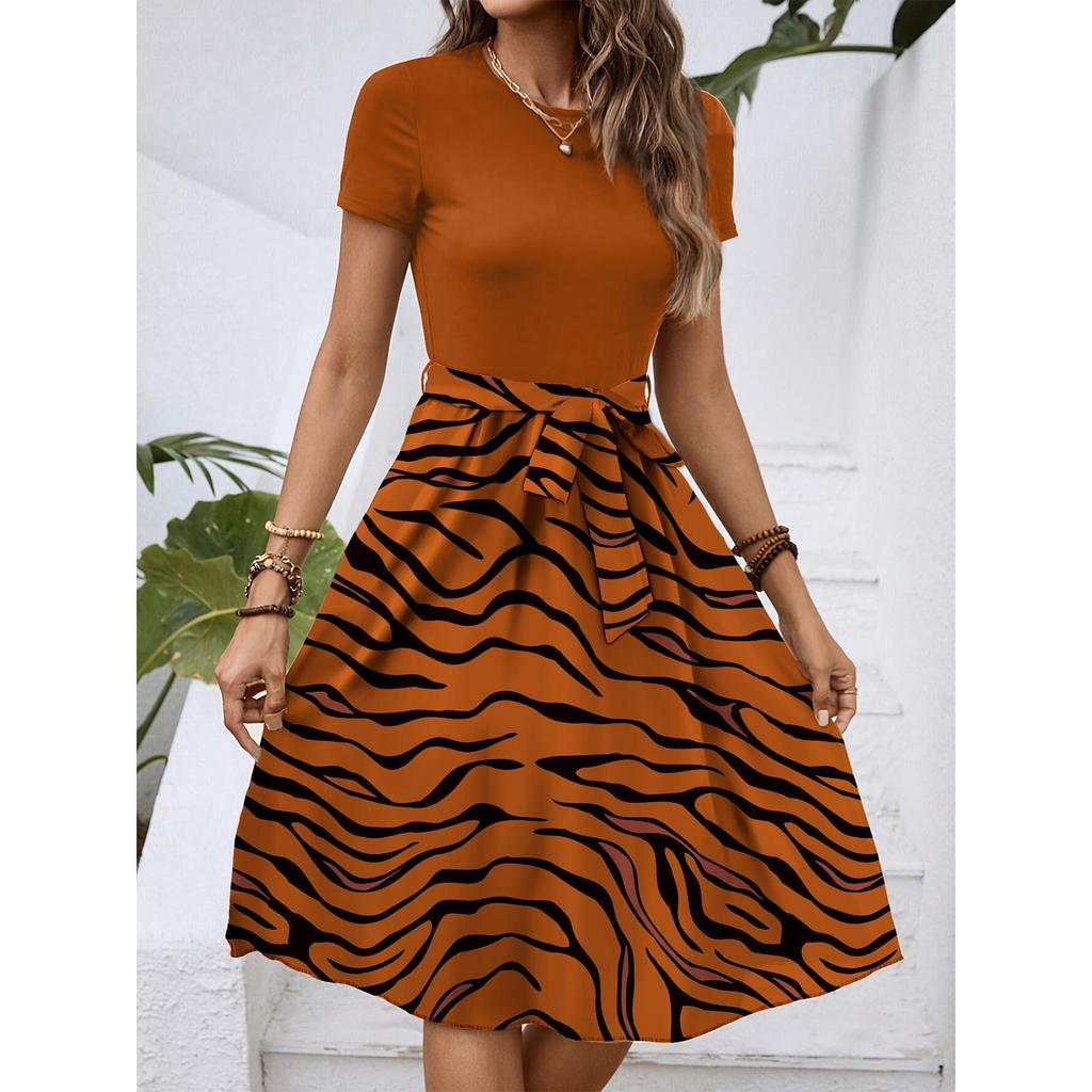 Dámské módní retro vzorované tištěné barevně blokované šaty