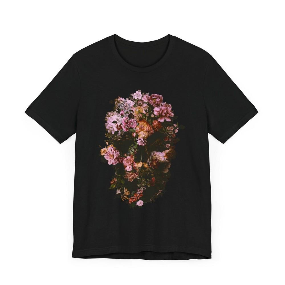 26 Floral Skull Print Tee, Cool Unisex Graphic Tee, Skull Art Shirt, Trendy Flo Unisex T-Shirt L
