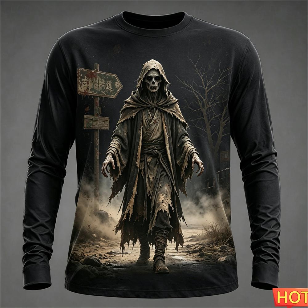 Halloween Zombie T-shirt tops Autumn winter Men's Long sleeved Tshirt Polyester Graphic Halloween Gift T-shirt for men y2k clothing