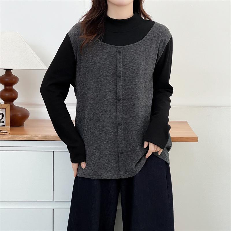 

2025 Women s Plus Size Color Block Fleece-Lined Stand Collar Base Layer Top - Slimming, Thick, Versatile, Great for Autumn/Winter Seasons (Model 8865) 3XL темно-сірий
