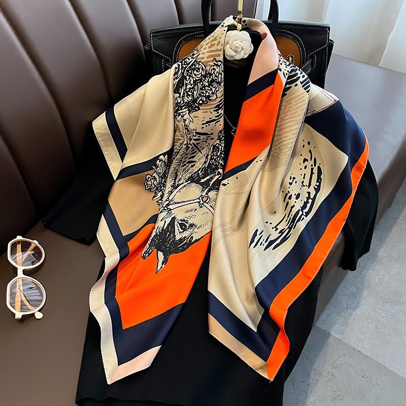 Luxury Brand Printed Hijab Scarf Elegant Thin Smooth Satin Shawl Summer Windproof Sunscreen Square Scarf For Women