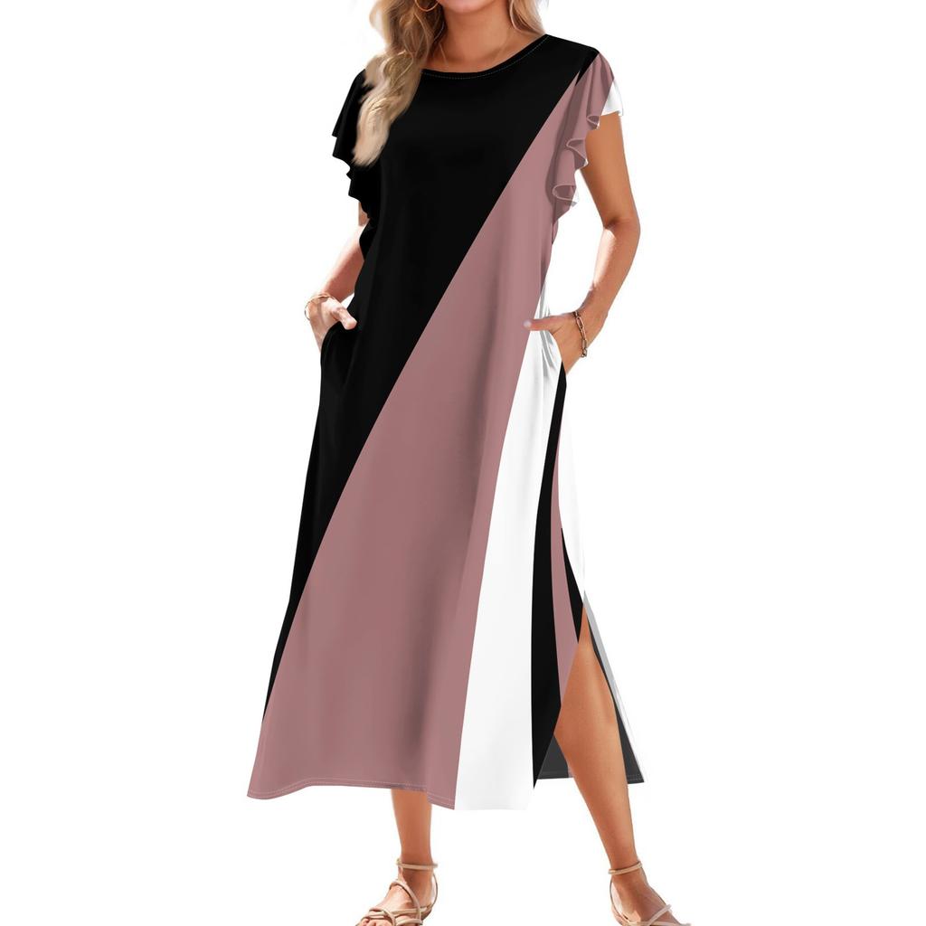 Ladies' Fashionable Summer Casual Pleated Sleeves, Loose Color Block Patchwork Printed Short-sleeved Round Tie Pocket Beach Dress