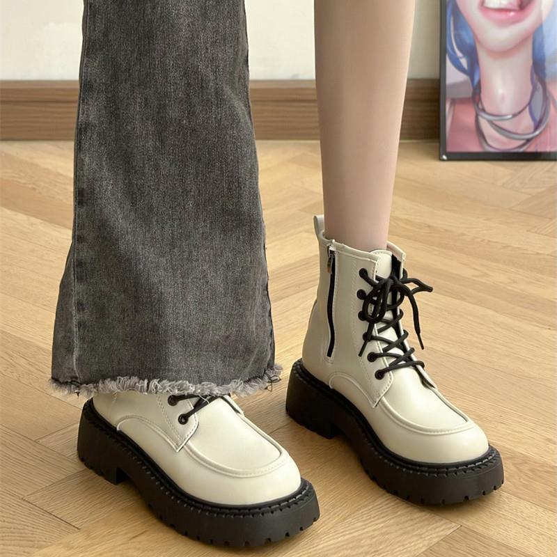 

Footwear Chunky Female Ankle Boots Platform Short Shoes for Women Waterproof Booties Lace-up White Round Toe with Laces New In 40