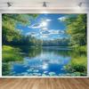 Tapisserie de Lac d'Été Serein, Lac Forestier Ensoleillé avec Nénuphars et Reflets Clairs, Art Mural Apaisant sur la Nature