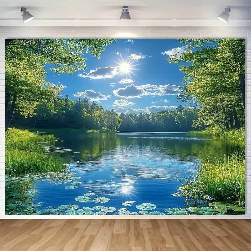 Tapisserie de Lac d'Été Serein, Lac Forestier Ensoleillé avec Nénuphars et Reflets Clairs, Art Mural Apaisant sur la Nature