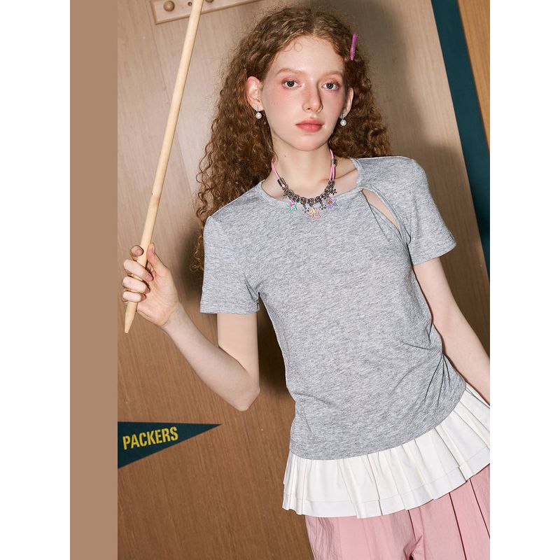 Coolhut Light Gray American Retro Cut Out Short Sleeve T-shirt New Arrival Women's Casual Versatile Slimming Top