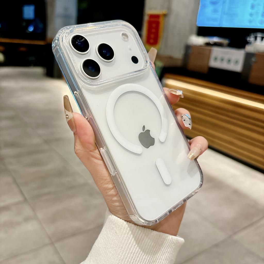 מארז טלפון מגנטי שקוף יוקרתי עבור MagSafe עבור iPhone 17 16 Plus Pro Max כיסוי טעינה אלחוטית עם כפתור מגע למצלמה