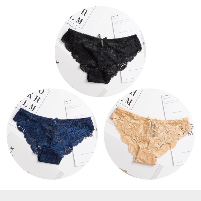 Panties Woman Sexy Lace Briefs Transparent Female Underwear Hollow Out Cotton Crotch Girls Underpants 3 Pcs/Set