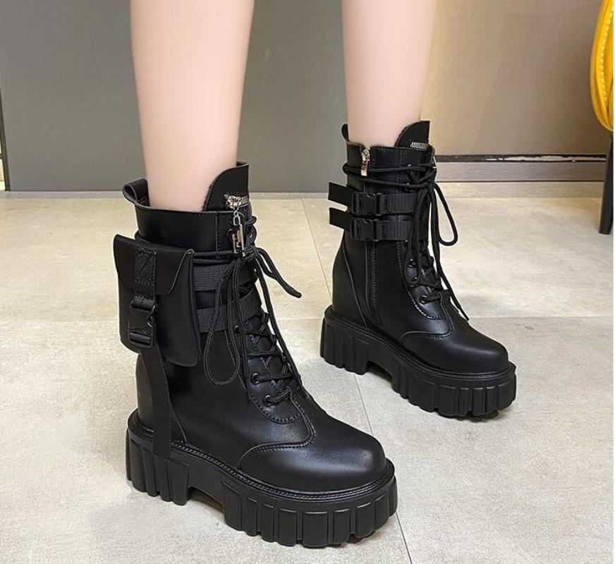 Winter 10Cm Warm Ankle Boots For Women Leather Short Boots Round Toe High Platform Fur Motorcycle Boots Thick Heel Sneakers Shoe