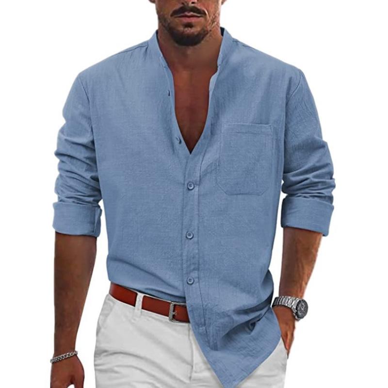 Men Latest Popular Casual Button-Up Long-Sleeve Cotton-Linen Shirt Beach Shirt Casual Shirt