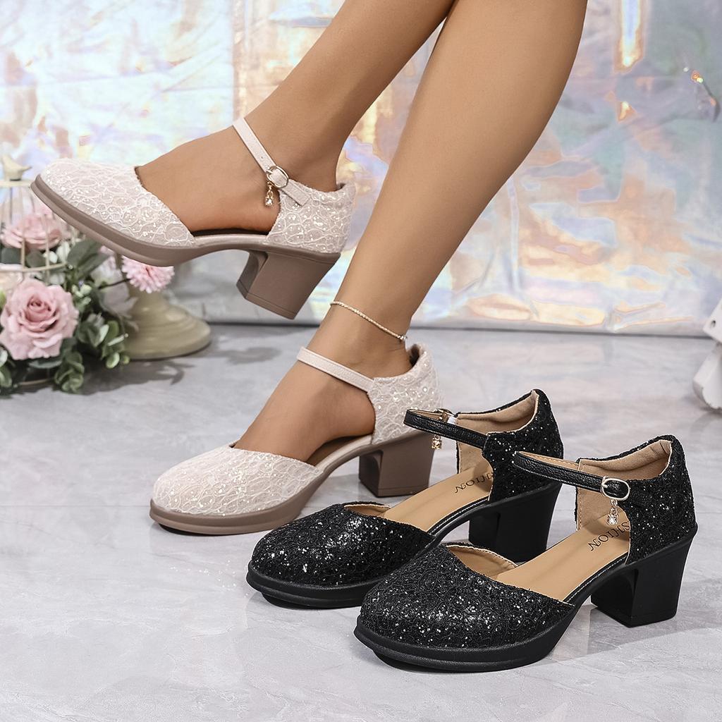 Fashion Plus Size Sequin Fabric Patchwork Round Toe Thick Heel Bling Sandals Ankle Buckle Shallow Mouth Super Size High Heel Sandals