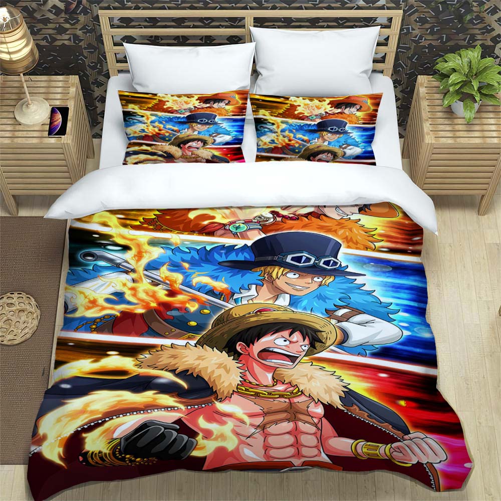 A Comfortable 3D Cartoon Comic Book Series "One Piece" Bedding Set, Including Duvet Cover, Pillowcases, and A Children's Set.
