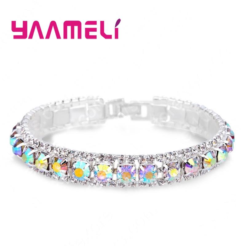 Top Sale 925 Stamp Silver Color Bracelets Full AAA Zircon Austrian Crystal Femme Women Link Chain Jewelry Bangles 14 Colors
