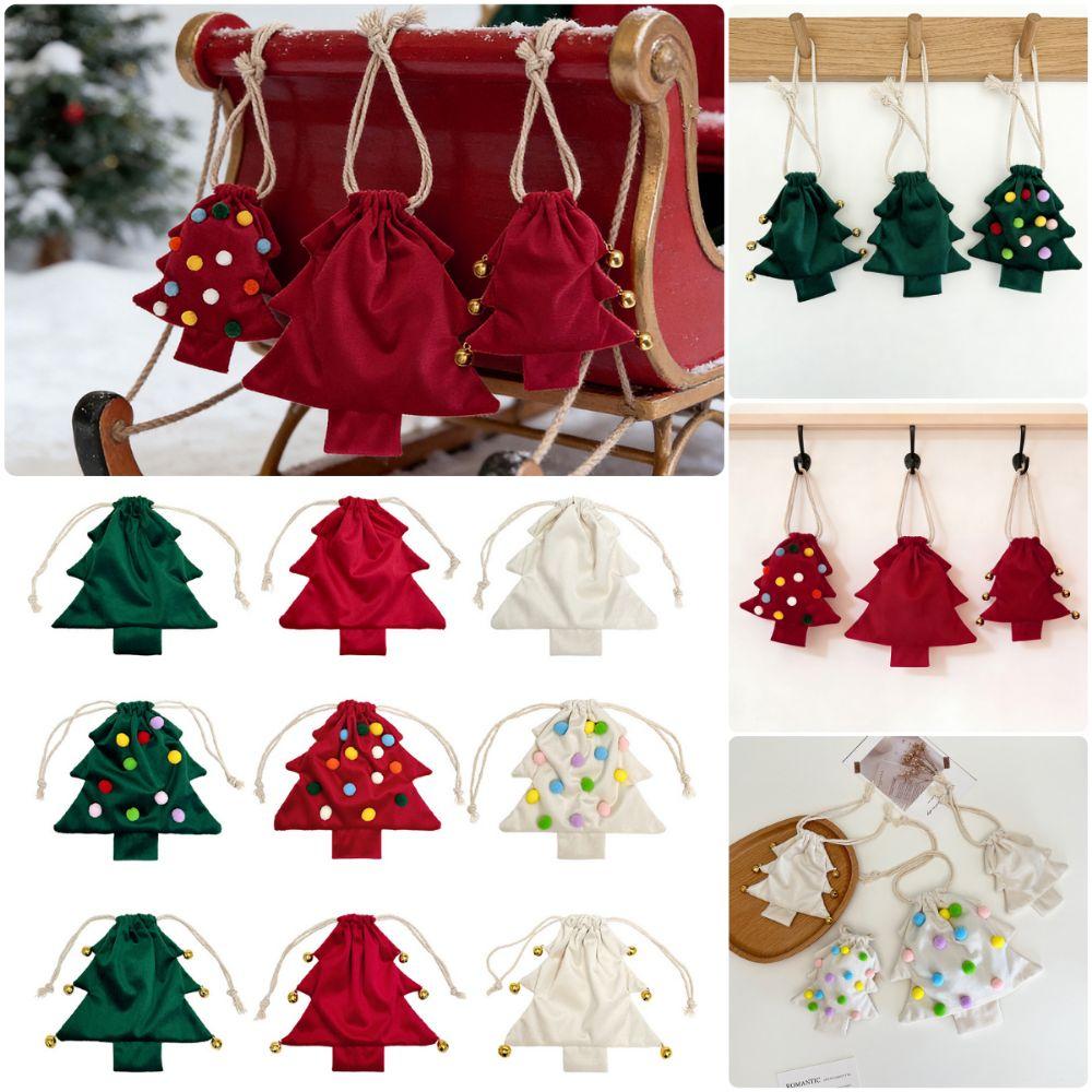 Drawstring Christmas Tree Gift Bags Red Green White Bell Ornament Christmas Drawstring Bag Hanging Decoration Pom Pom Decoration