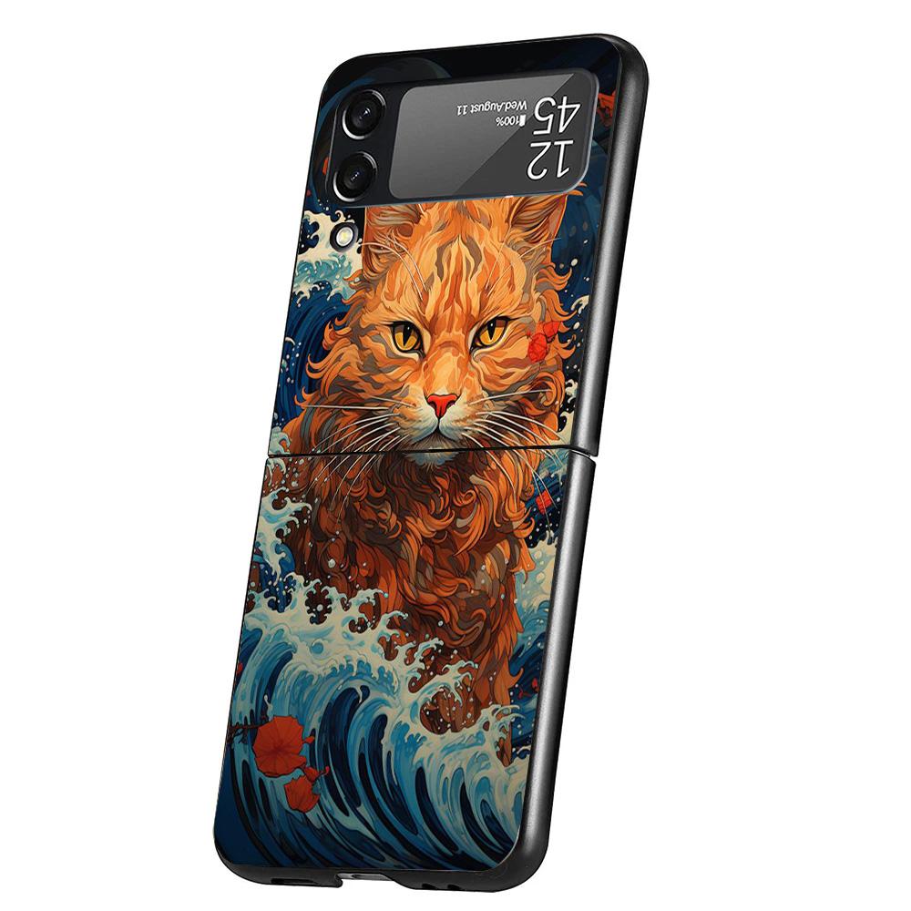 Anime Cat Sea Wave Aesthetic Cover Phone Case For Samsung Galaxy Z Flip 7 6 5 4 3 5G Flip7 Flip6 Flip5 Flip4 Flip3 Black Fundas