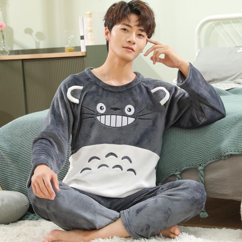 Vinter Fortykkede Varme Flanel Mænd Pyjamas Sæt Langærmet Koralfløjl Nattøj Hjemmetøj Tegneseriebjørn Nattøj Loungewear