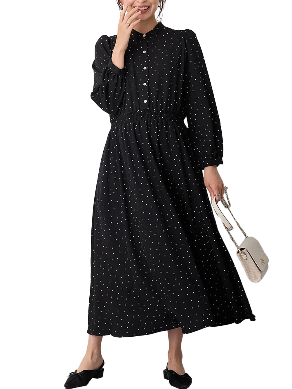

Maternity Band Waist Dot Long Open Polka Black 10492250 [ANGELIEBE] Dress, Collar, Shirring, Dress, Prenatal, Postnatal, Sleeve, Front, Nursing, чёрный