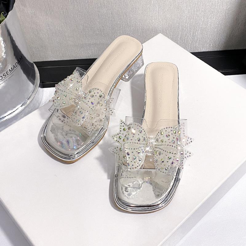 Thick heel transparent outer slippers fairy wind 2025 summer new Internet celebrity pearl bow high heel one-word