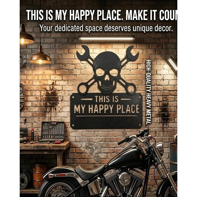 Funny Garage Metal Sign “This Is My Happy Place Don’t Mess It Up” Skull  Crossed Wrenches Wall Decor, Black Metal Sign for Garage, Man Cave, Workshop,