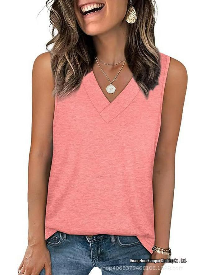 2026 Women's V-neck Casual Loose Sleeveless Summer Shirt - Solid Color, New Arrival