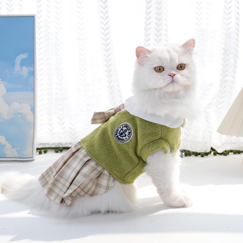 Pet Autumn and Winter Dog Woolen Checkered Cat Dress Small and Medium-sized Dog Teddy Dog and Cat Clothes