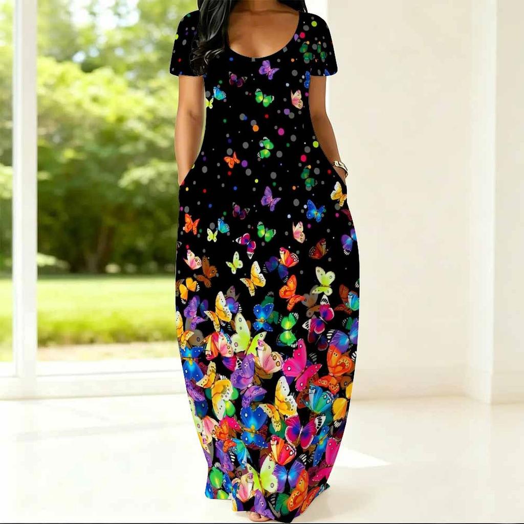 Plus Size Round Neck Short Sleeve Tunic Airy Dress For Summer Outdoor Stroll