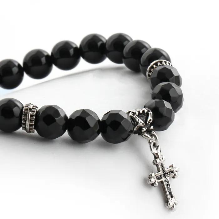 Natural Stone Black Cut Cross Onyx Bead Bracelet C22SVB-1002