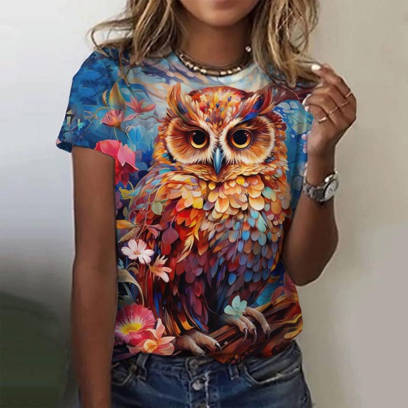 Colorful owl pattern women's T-shirt fun animal 3D printing short sleeved summer loose T-shirt round neck top T-shirt street wear
