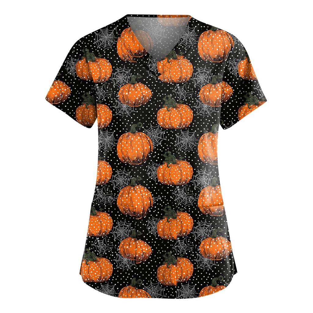 Dámská móda Overaly s krátkým rukávem a výstřihem do V s kapsami Halloweenské potištěné topy Oblečení