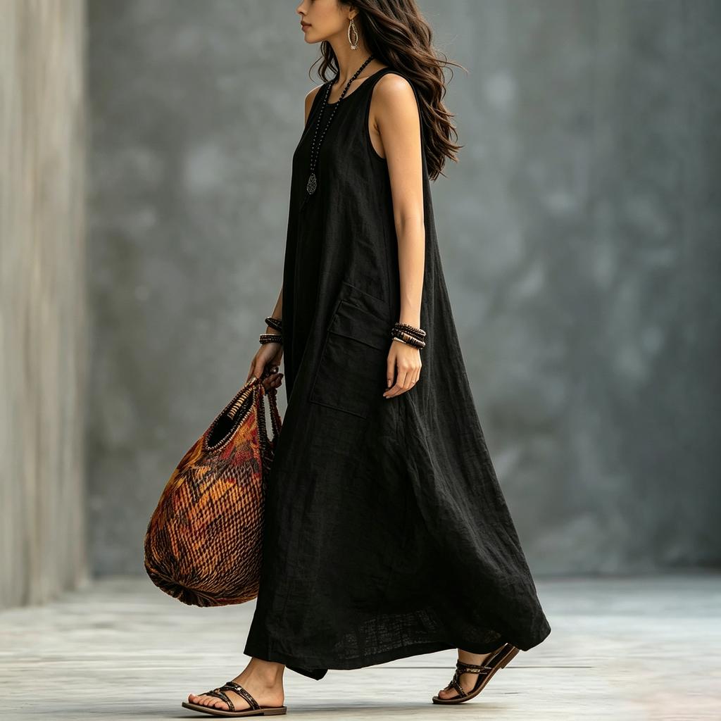 Women Sleeveless Loose Fit Vintage Style Dress Two Pockets Casual Long Maxi Dress Lightweight Summer Dress