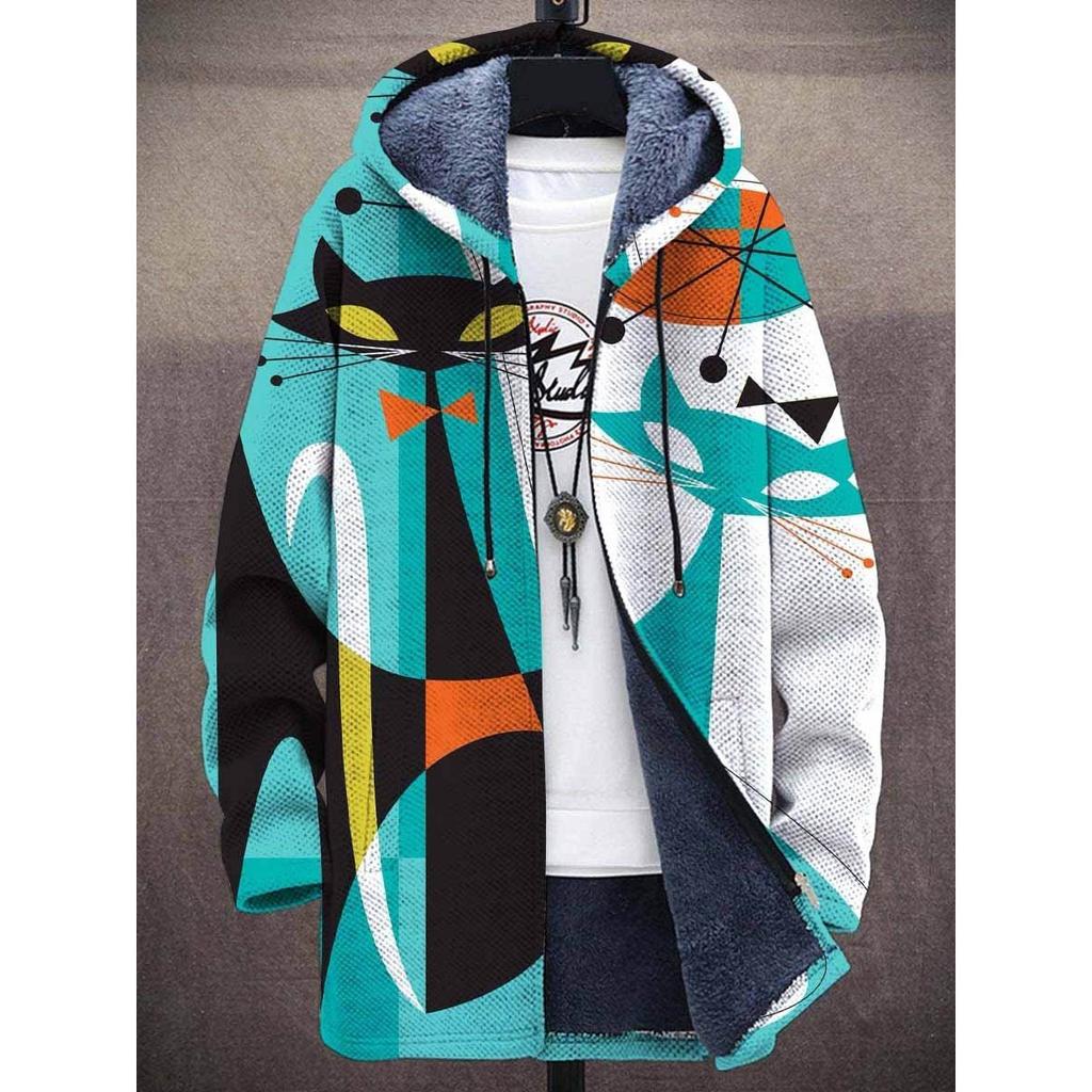 Men Cardigans Coats Geometric Stripe Square Printed Plush Thick Winter Abstract Art Graphics Jackets Casual Streetwear Clothing