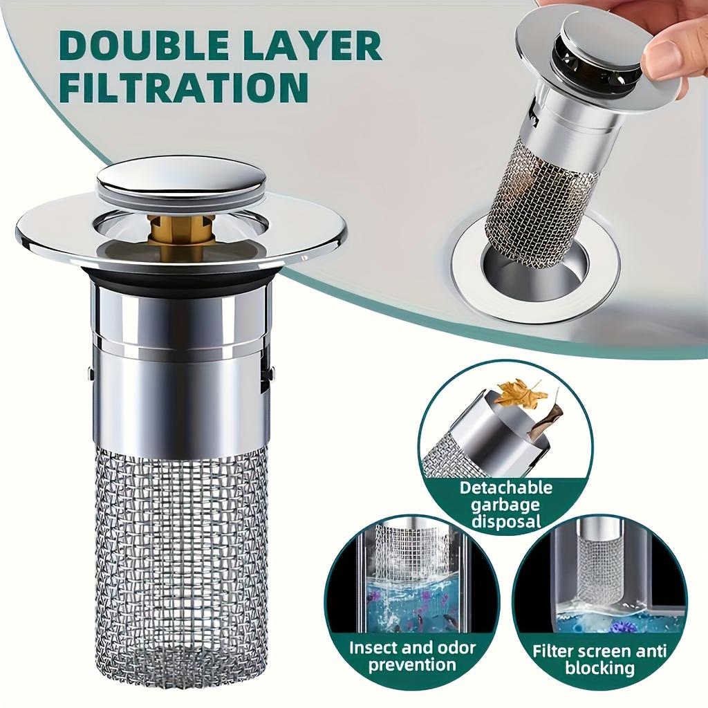 1pc Universal Stainless Steel Basin Strainer - ABS Body, Detachable Basket, Double Layer Filtration, Insect & Odor Prevention for Bathroom/Balcony