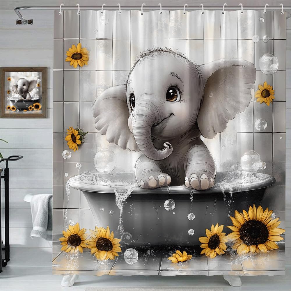 Cute Baby Elephant Shower Curtain Funny African Wildlife Elephant  Polyester Fabric Bathroom Curtain with Hooks