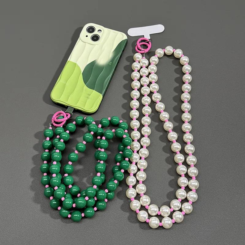 Phone Case Cswo02 Y2k Cute Candy Color Pearl Oblique Span Chain Phone Bracelet Strap Charm Chain Knot Cellphone Lanyard Keychain Earphones Lanyard