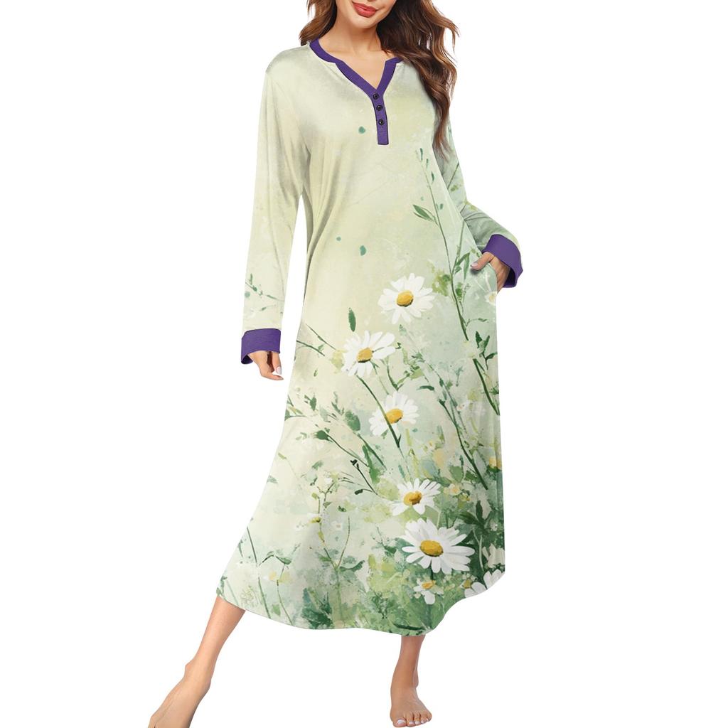 Damska koszula nocna, modna, drukowana, długa, szlafrokowa, piżama z dekoltem w serek i kieszeniami