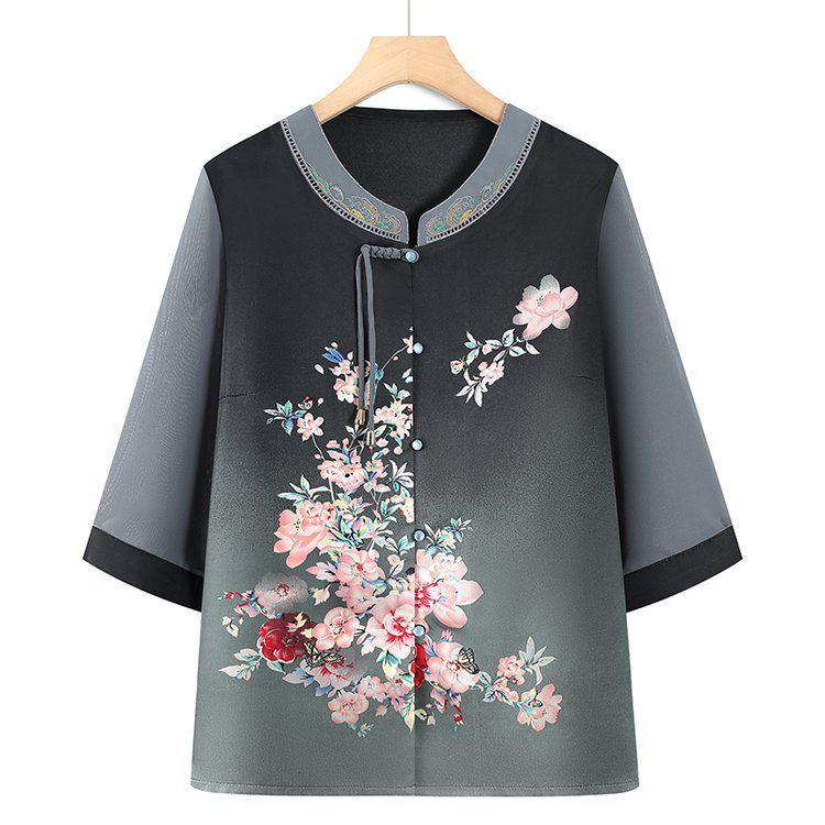 

Summer Chiffon Tops for Middle-aged and Elderly Women: Stylish Shirts for Moms, Grandmothers, and Seniors 4XL (130-145 jin) сірий колір