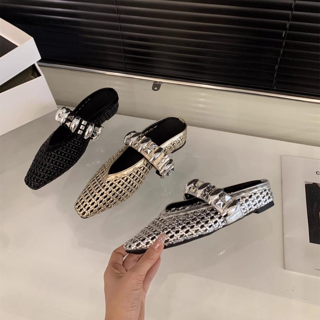 Inner height increase silver rhinestone mesh bag head half slippers women's shoes outer wear 2025 new summer Mary Jane sandals